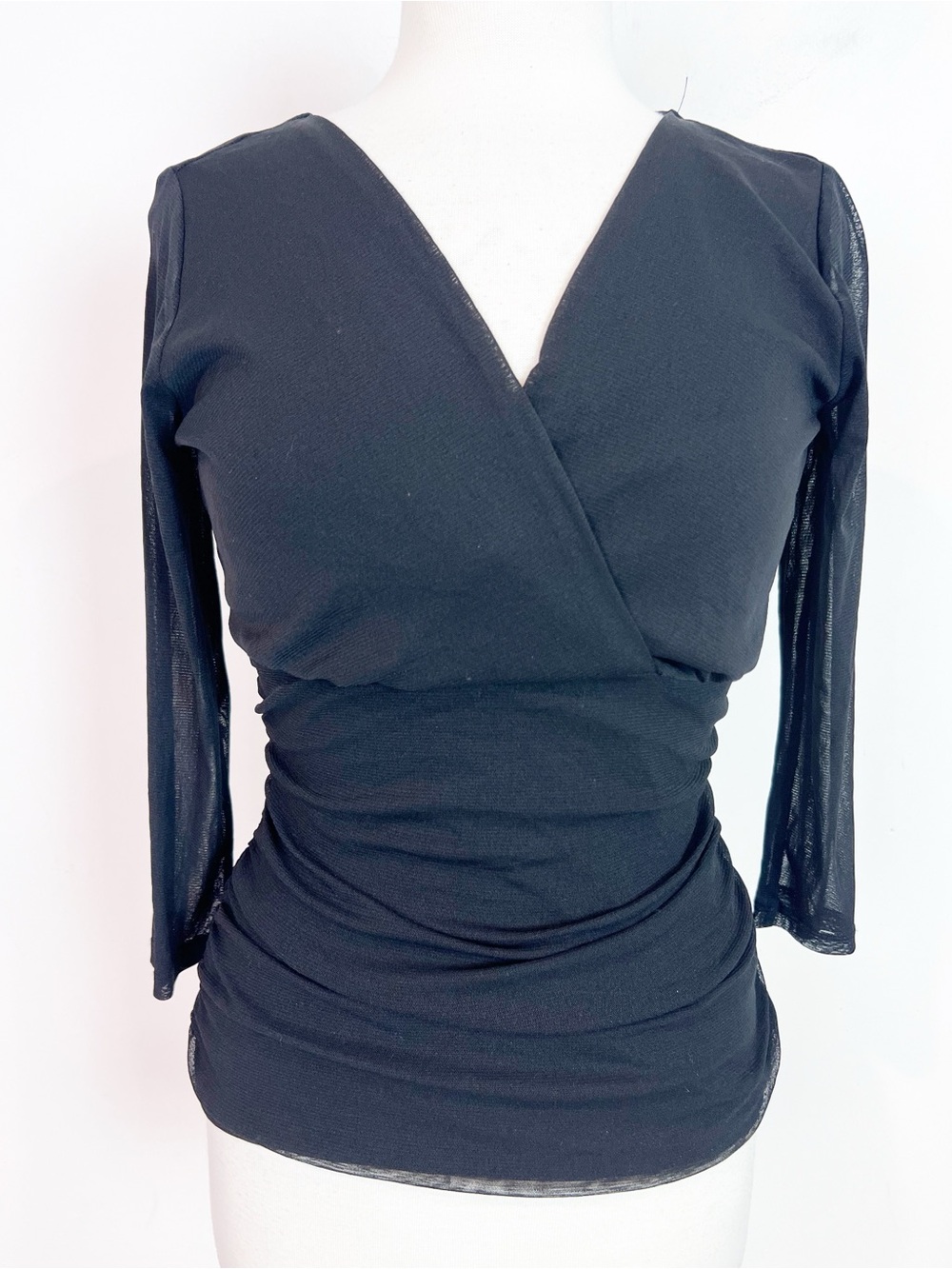 INC BLACK SURPLICE NECKLINE MESH BLOUSE WITH RUCHING SZ MEDIUM